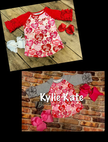 Valentine's Heart 3/4 Gray Sleeve or Red Sleeve Shirt