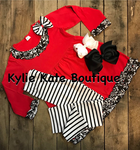 Black/White/Red BOW Tunic with Stripe Pants-Big Girls Sizes Available