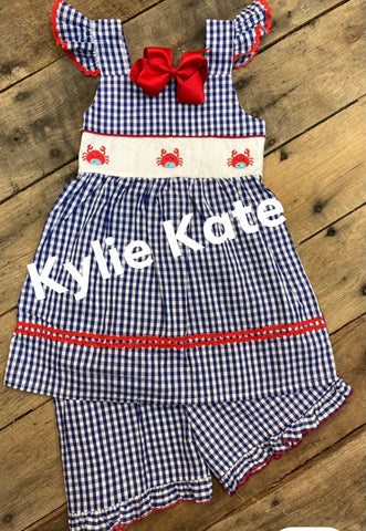Blue Plaid Crab Girls Short Set