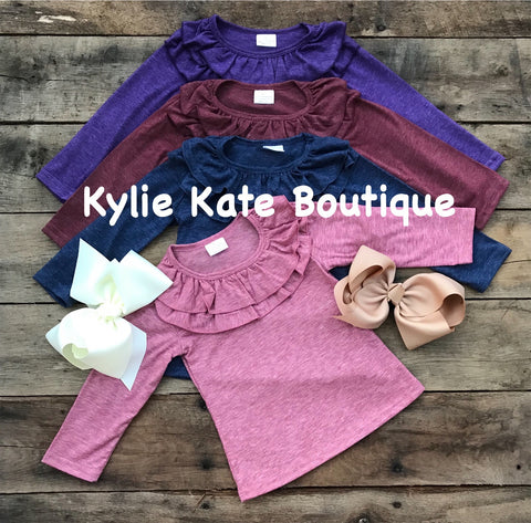 Ruffle Neck Solid Color Long Sleeve Shirt