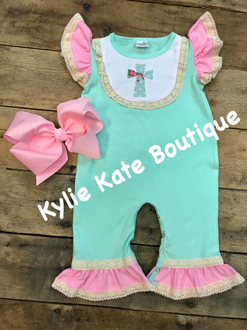 “Amazing Grace” Mint/Pink Lace Romper